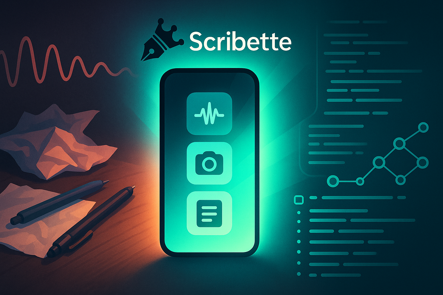 Estudiante sonriendo mientras usa Scribette en su móvil, con iconos de grabación, notas y flashcards flotando.